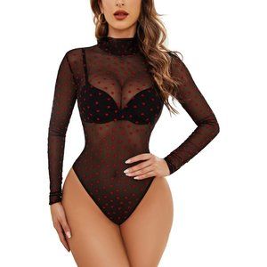 Women's Turtleneck Bodysuit Sheer Mesh Shirt Tops Stretchy Shirt Top-Red Heart